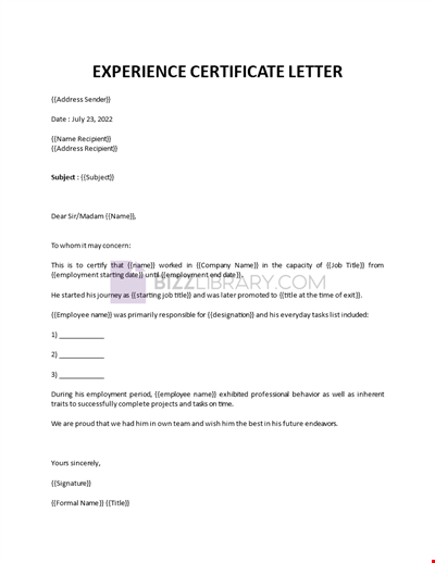 Experience Certificate Letter