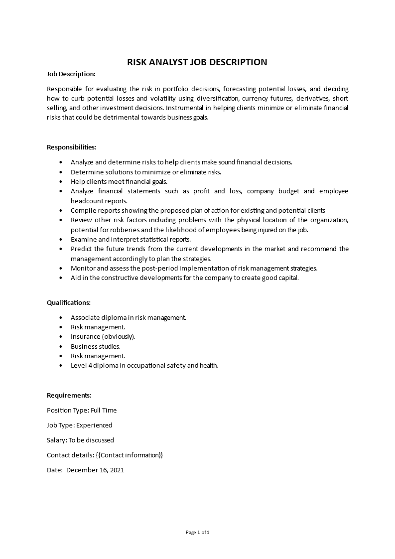risk management analyst job description template