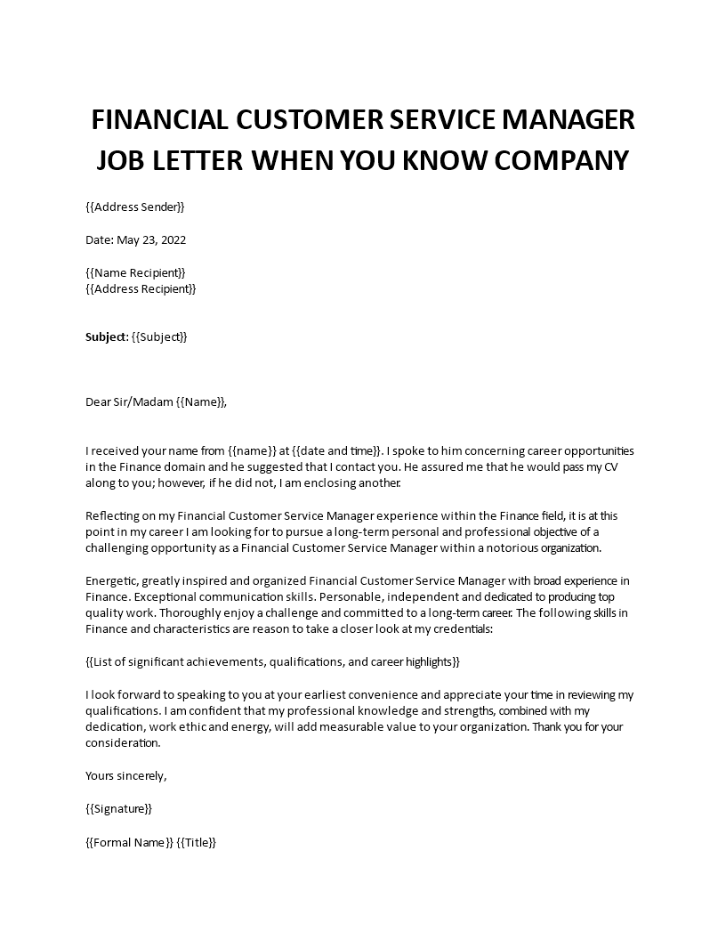 financial customer service manager cover letter