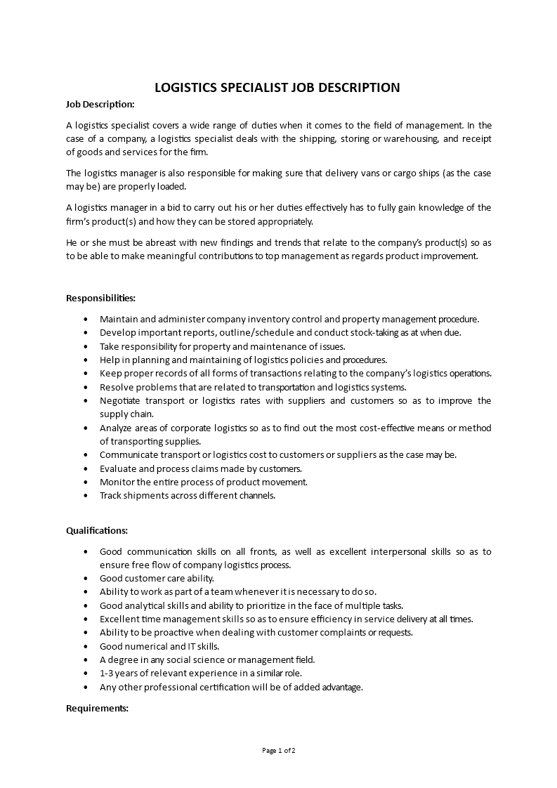 logistics specialist job description