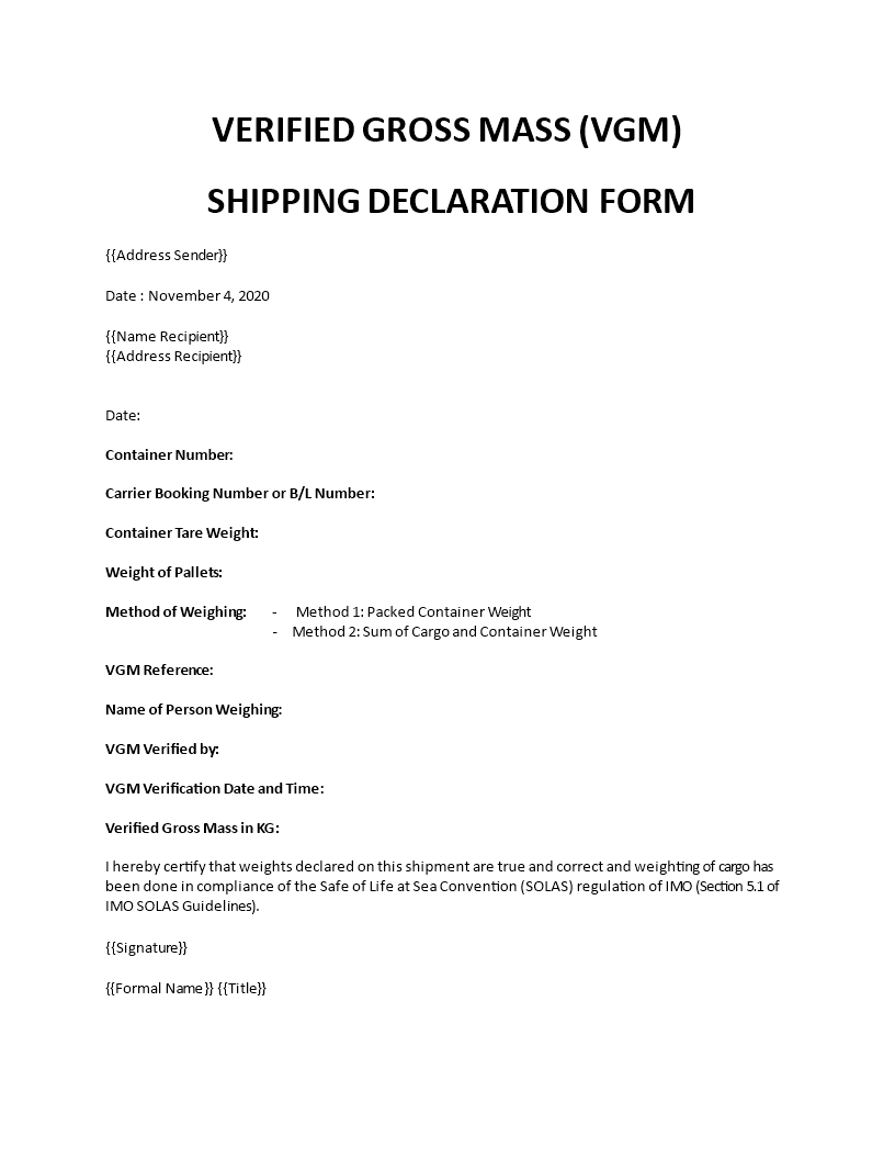 verified gross mass (vgm) shipping declaration