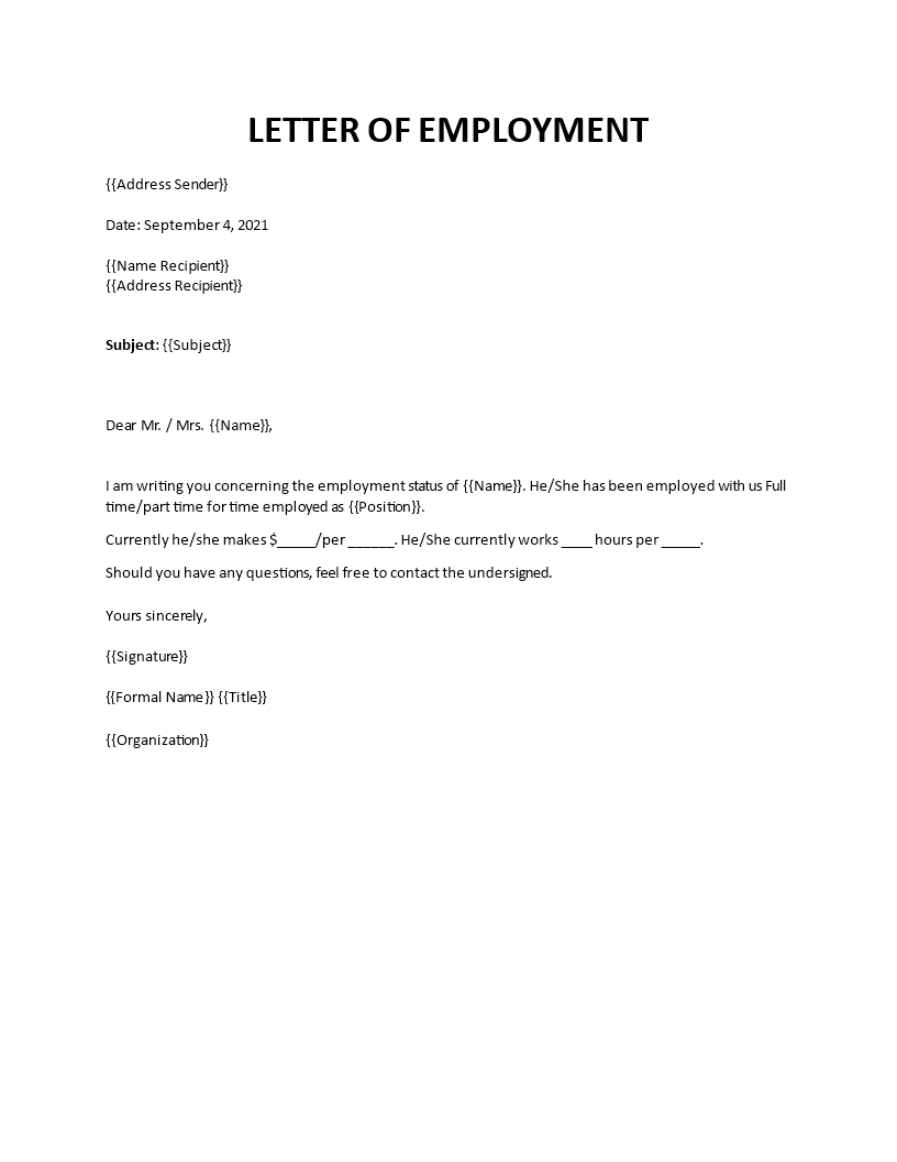 letter of employment sample template