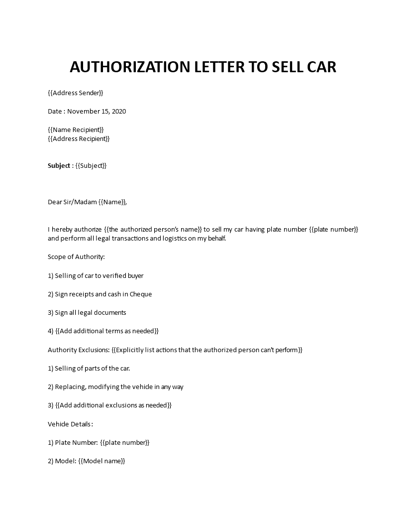 vehicle authorization letter format template