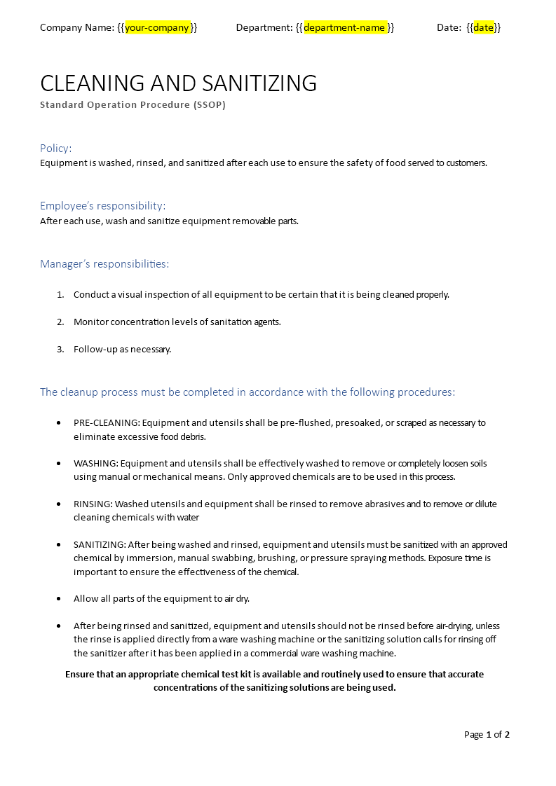 cleaning and sanitizing ssop template template