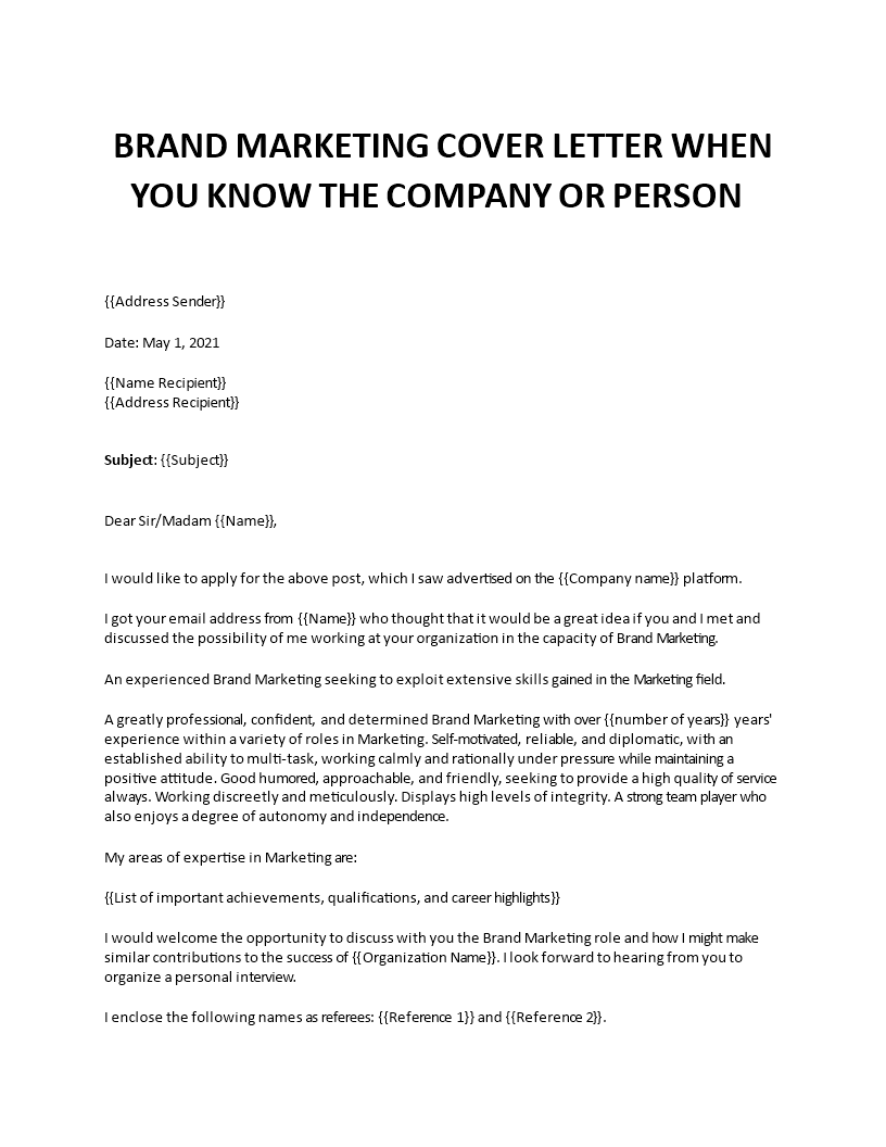brand marketing cover letter template