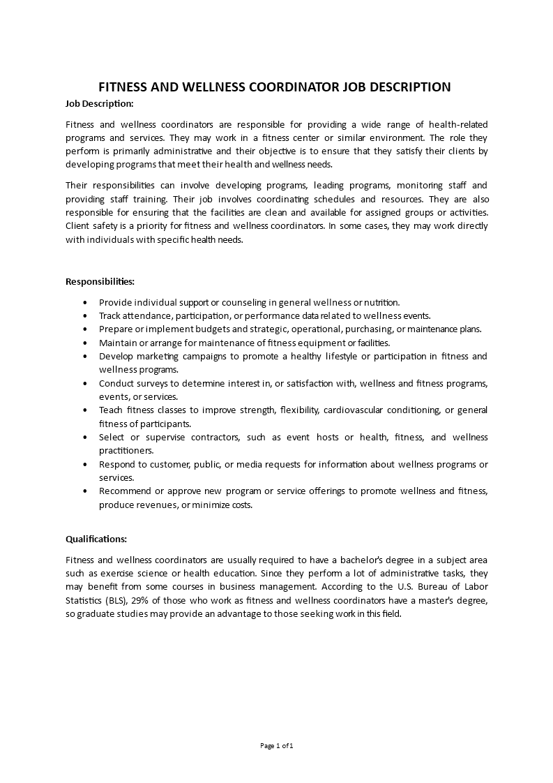 health and wellness coordinator job description template