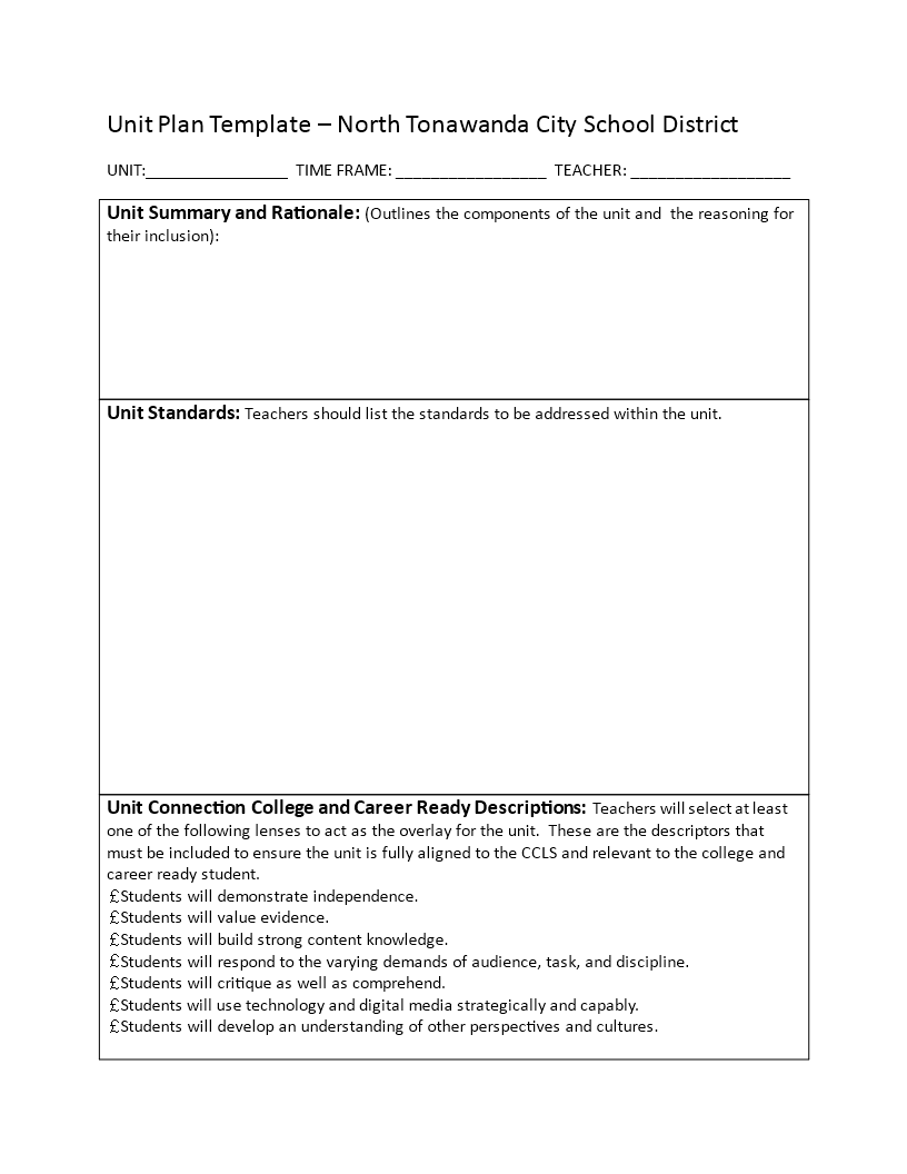 Unit Plan Template for Students, Teachers, and Tasks
