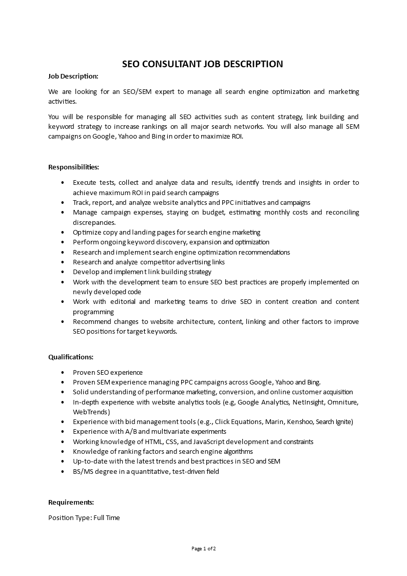 seo consultant job description template
