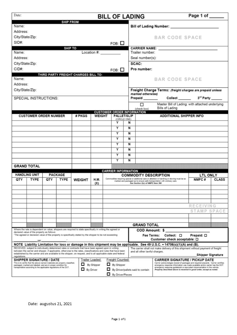 Blank Bill of Lading With Blank Bol Template