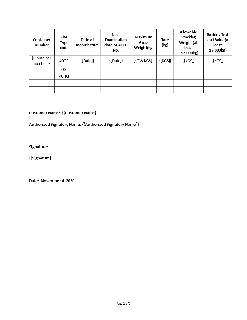 shipper owned container certificate template