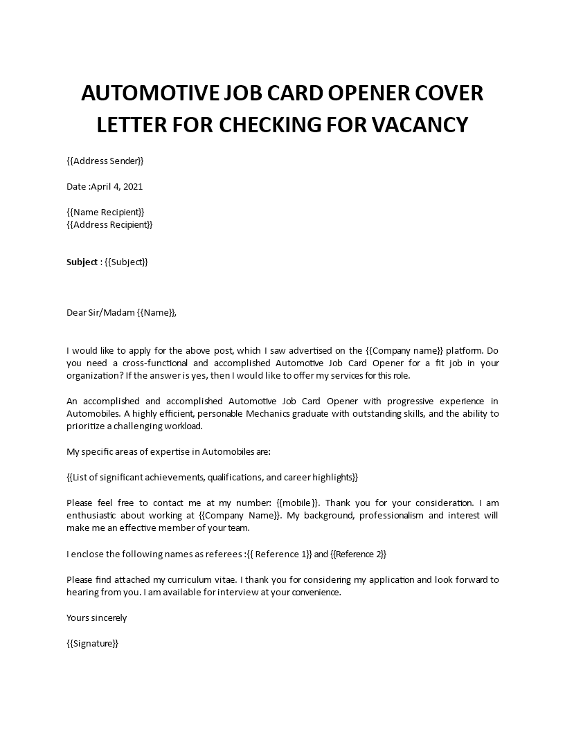job card opener cover letter template