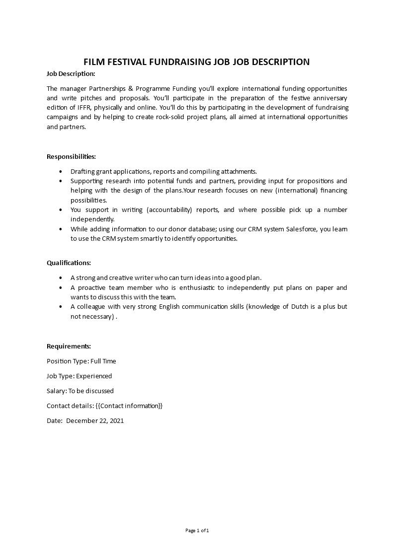 film festival fundraising job description