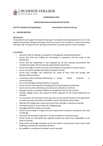 Deputy Manager Catering Job Description