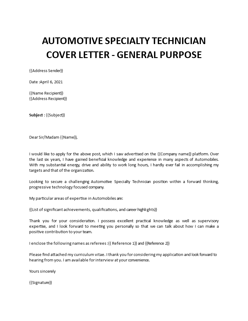 specialty technician cover letter  template