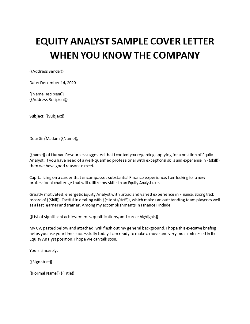 equity analyst cover letter