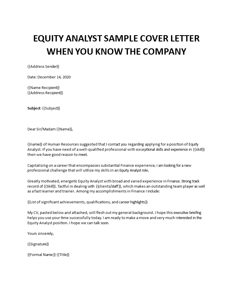 cover letter equity analyst