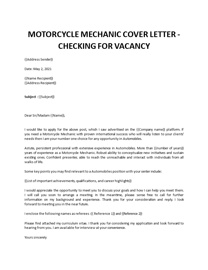 motorcycle mechanic cover letter  template