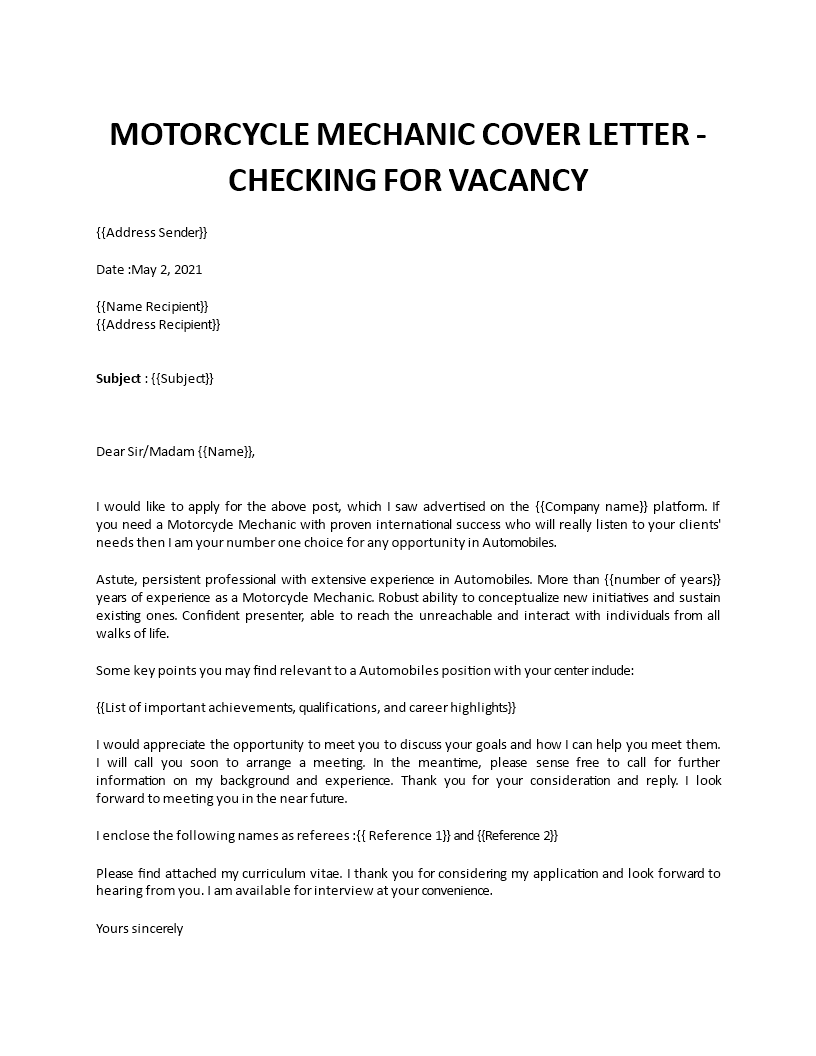 motorcycle mechanic cover letter Main Image motorcycle mechanic cover letter