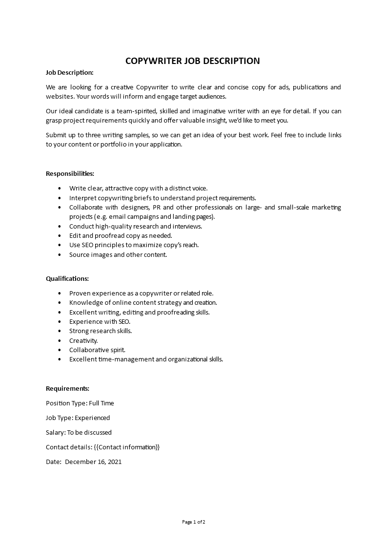 copywriter editor job description