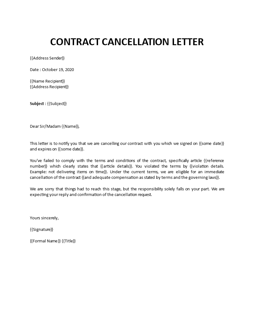 business contract cancellation letter