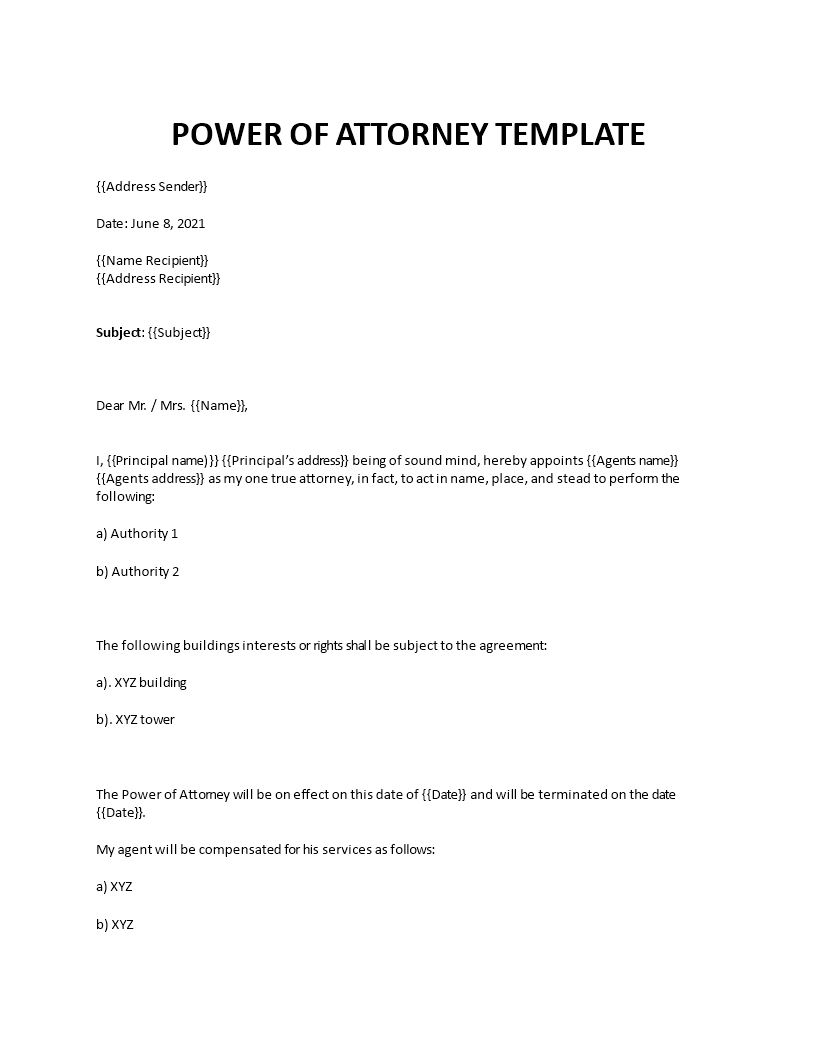 power of attorney template template