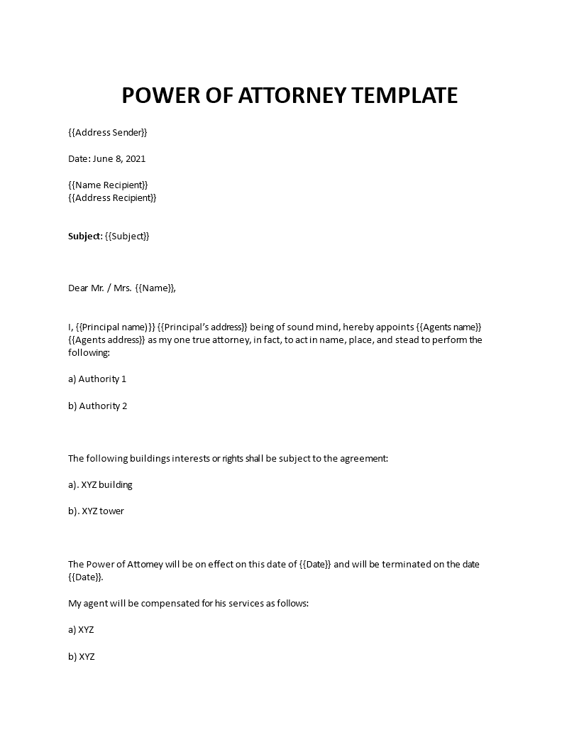 Power Of Attorney Template