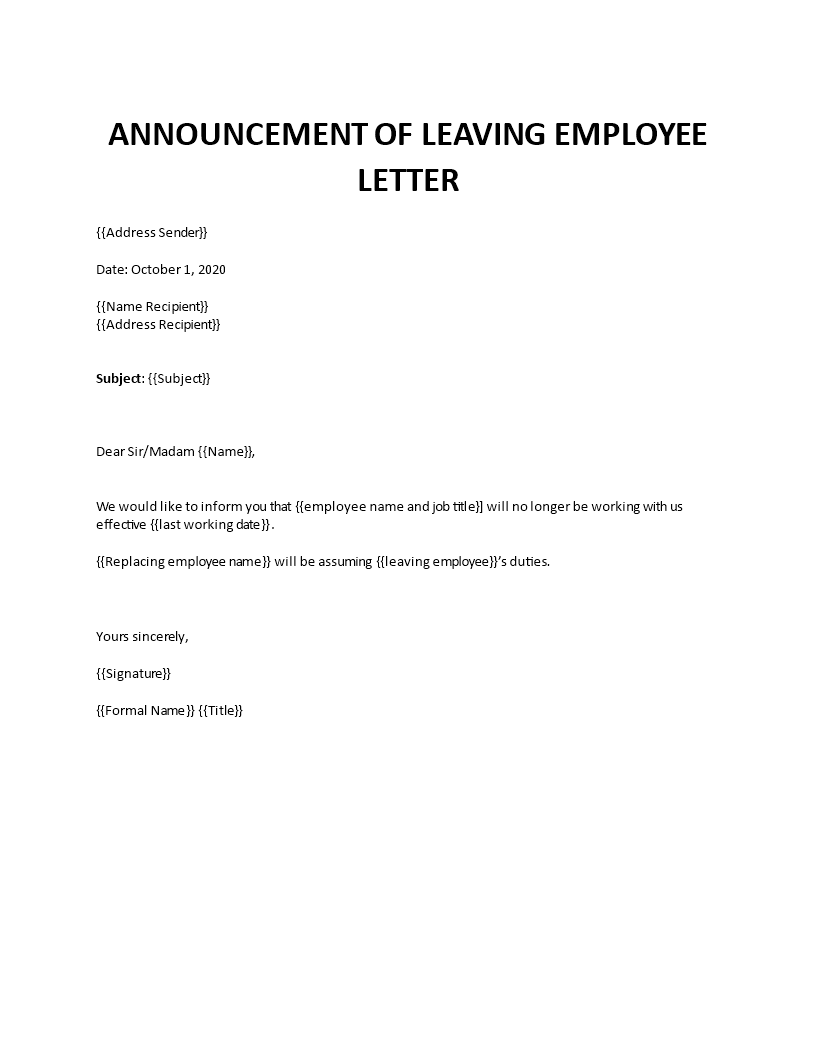 announcement of leaving employee letter 
