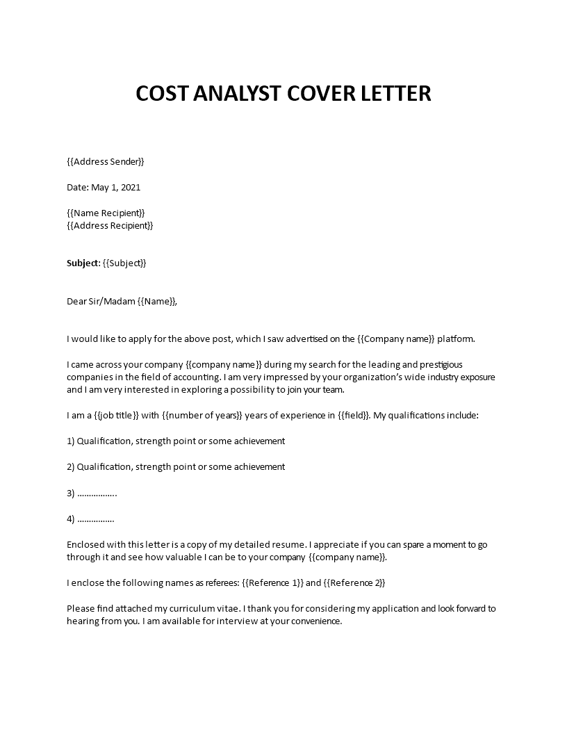 cost analyst cover letter template