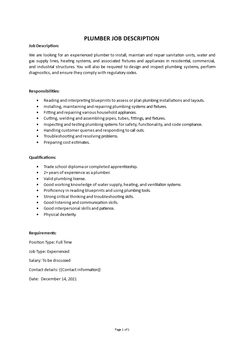 plumber job description Main Image plumber job description