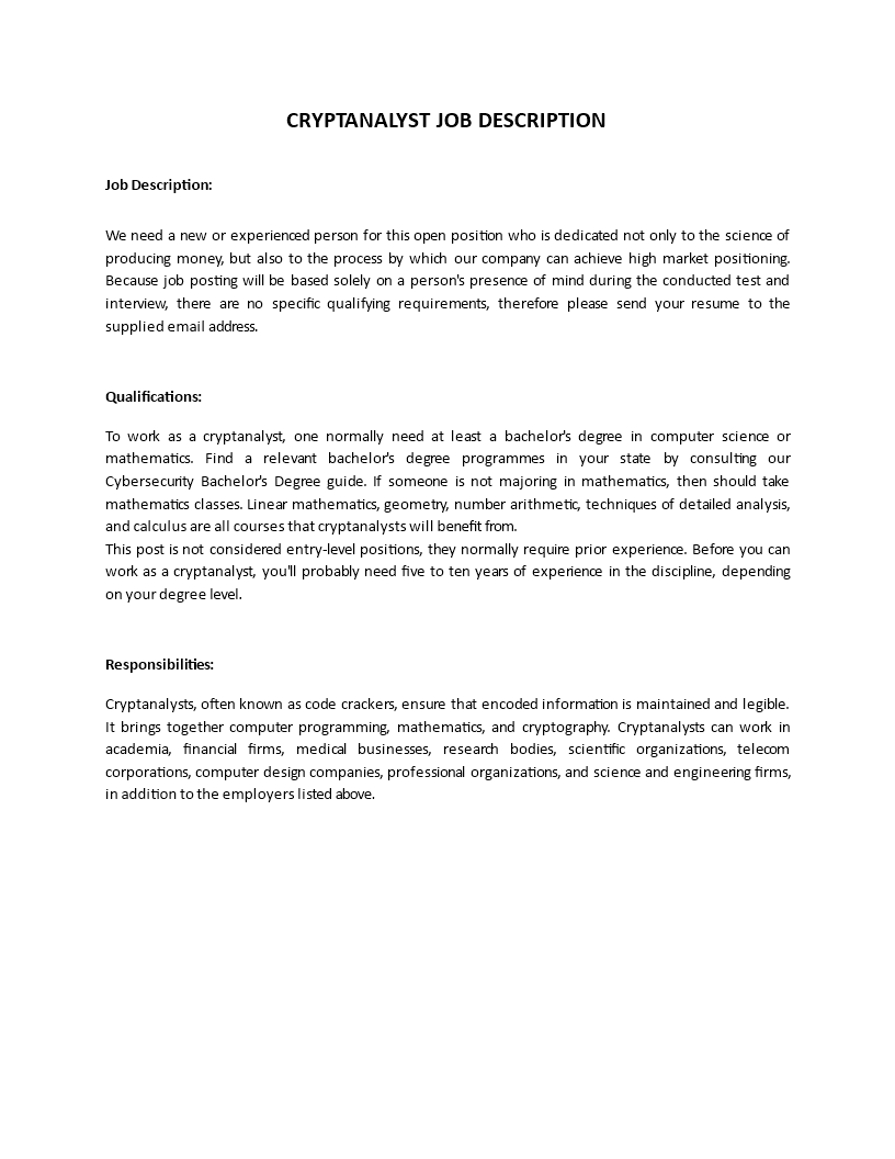 cryptoanalyst job description