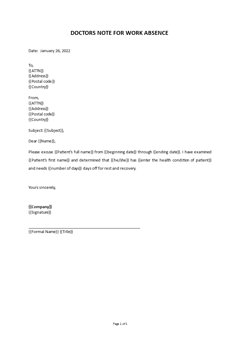 doctor's note for work absence template
