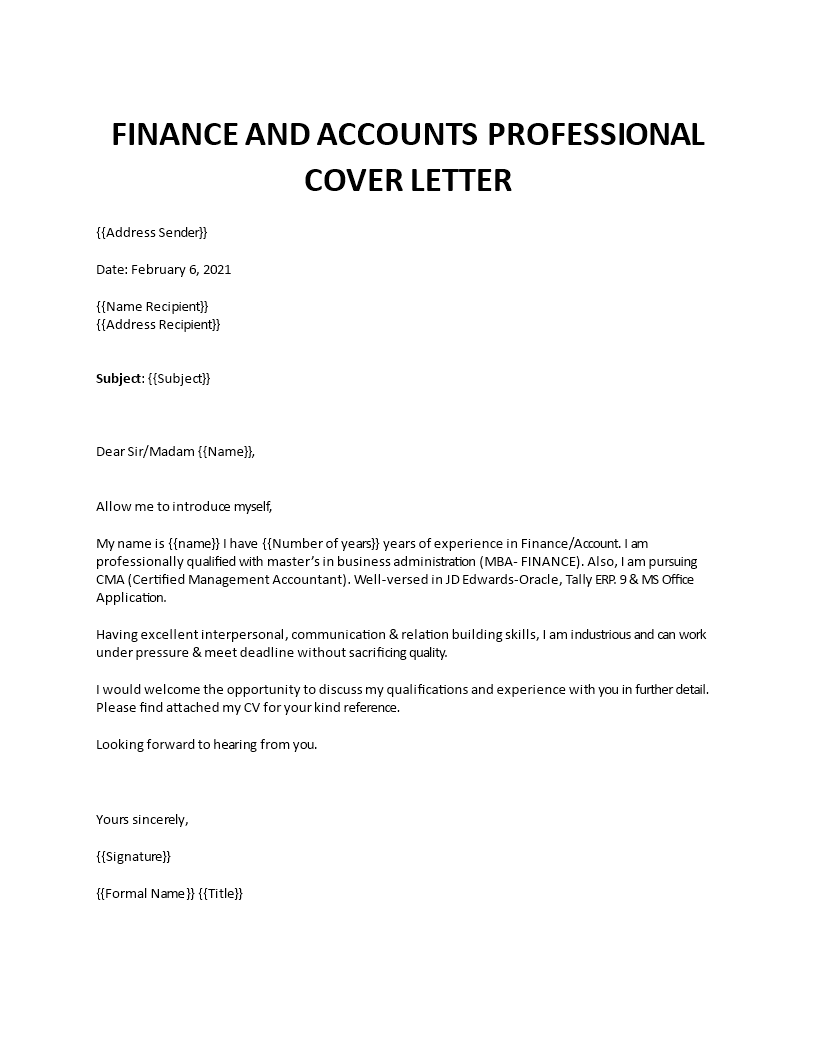 finance professional cover letter template