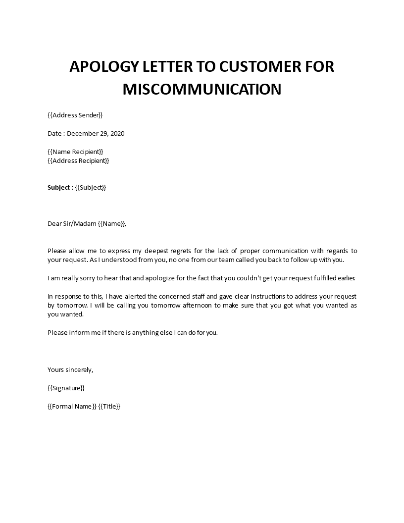 apology letter to customer for misunderstanding template