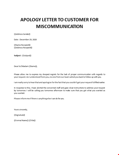 Apology letter to customer for misunderstanding