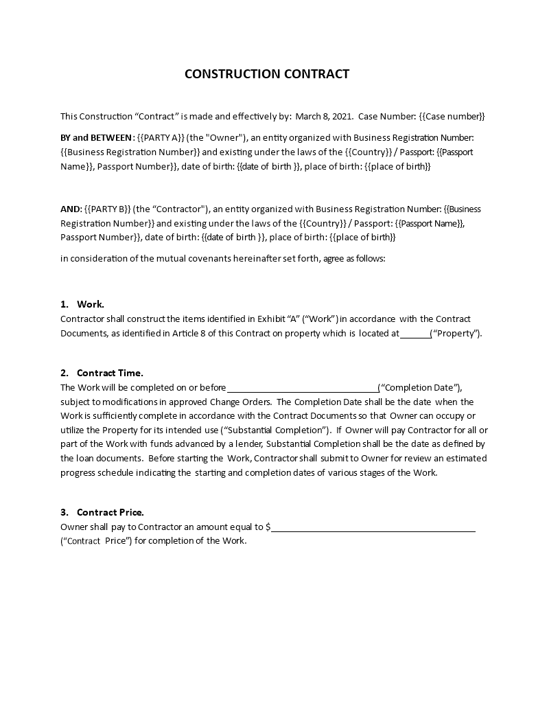 construction contract template template