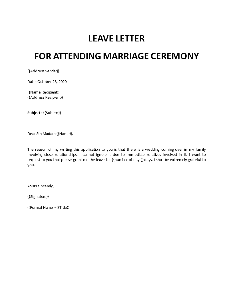 leave letter for marriage ceremony