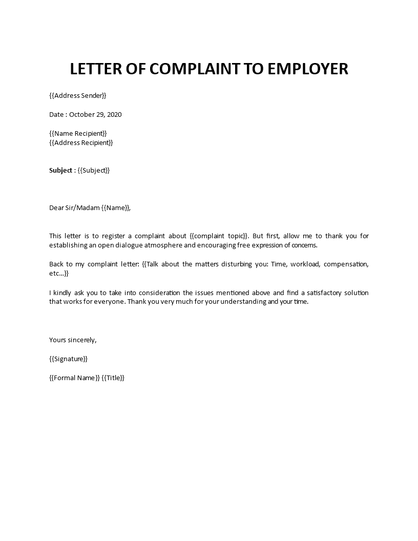 Letter of complaint to employer Pertaining To Formal Letter Of Complaint To Employer Template