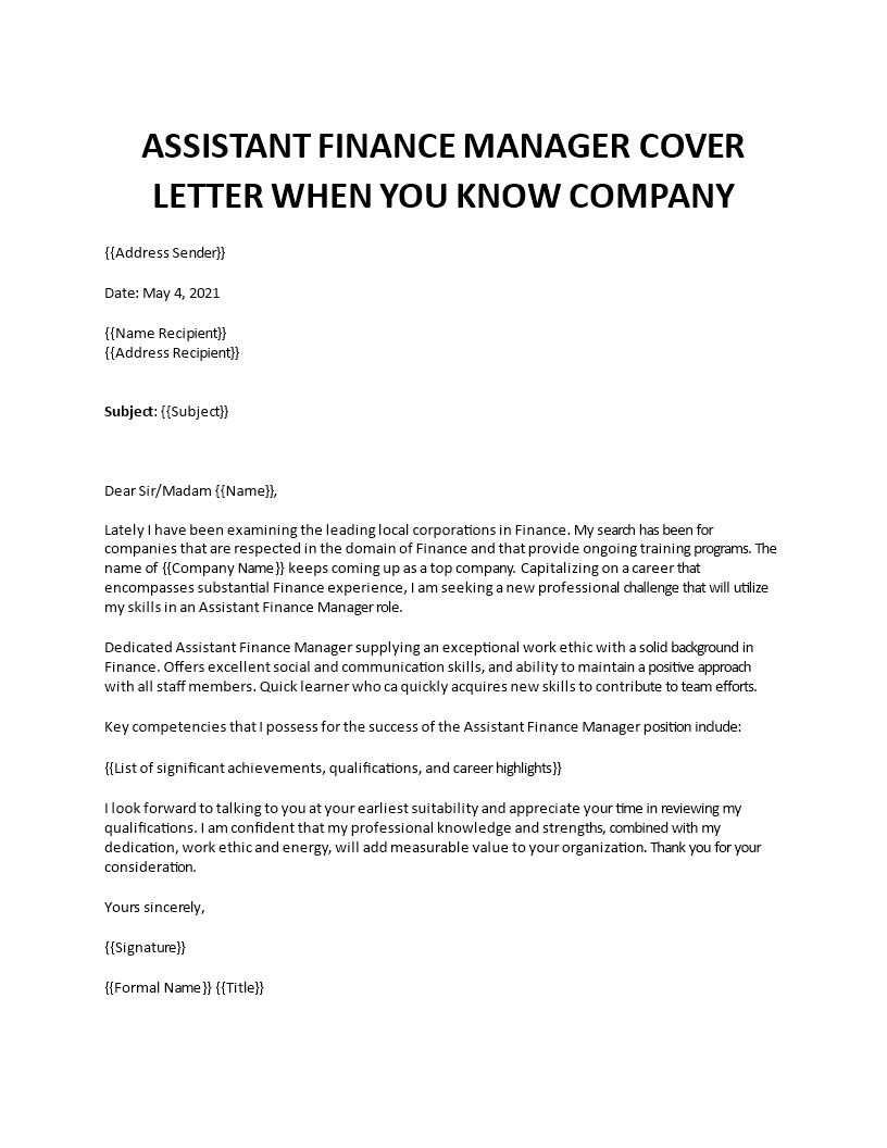 cover letter examples for finance assistant