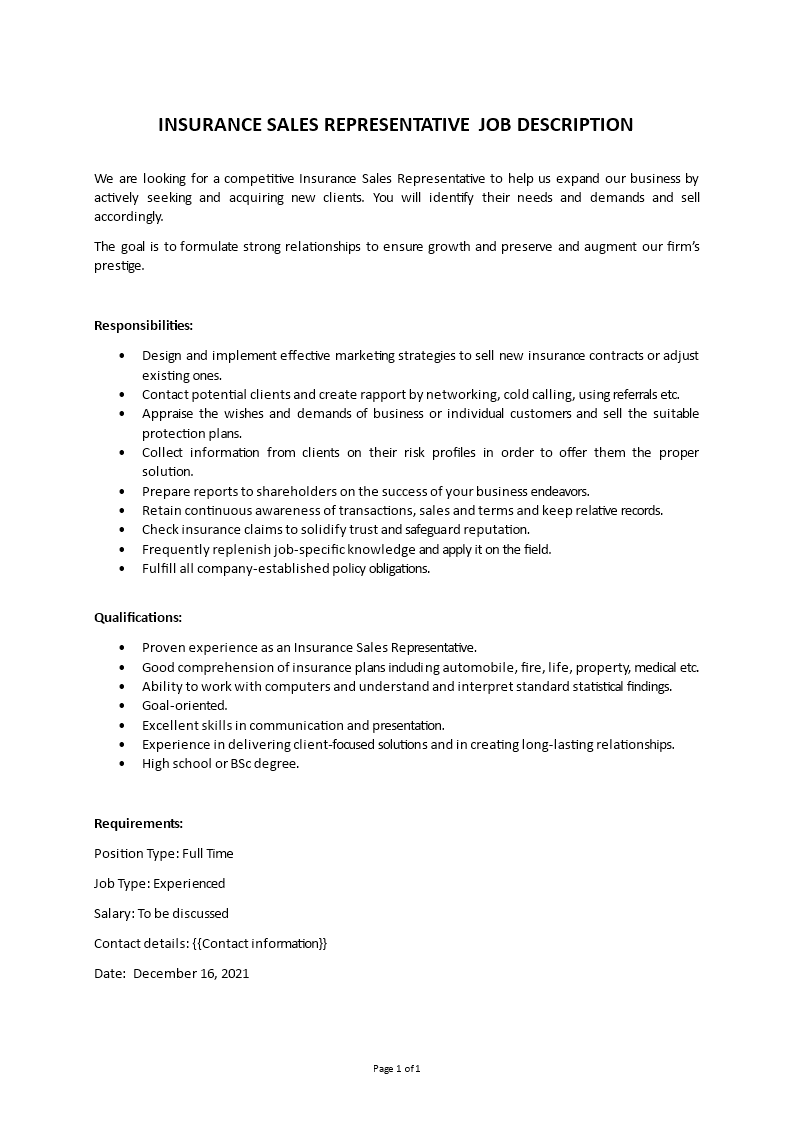 insurance sales rep job description