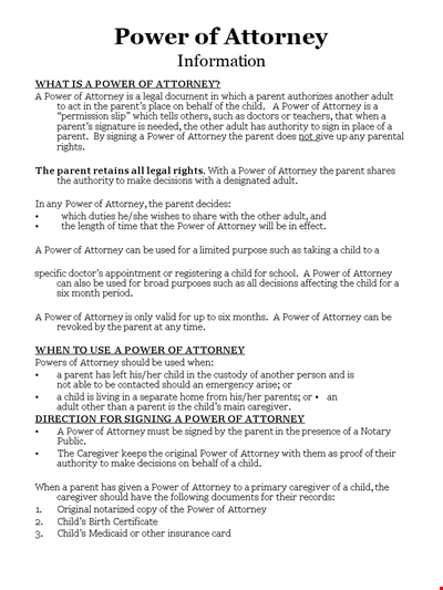 Child Medical Power of Attorney Form - Granting Parental Rights to Caregiver