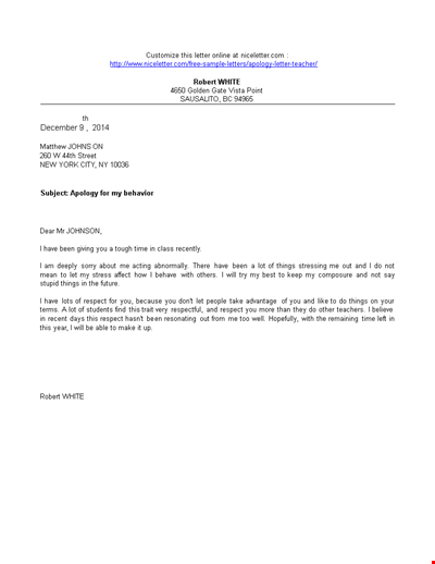 Formal Apology Letter To Teacher Template