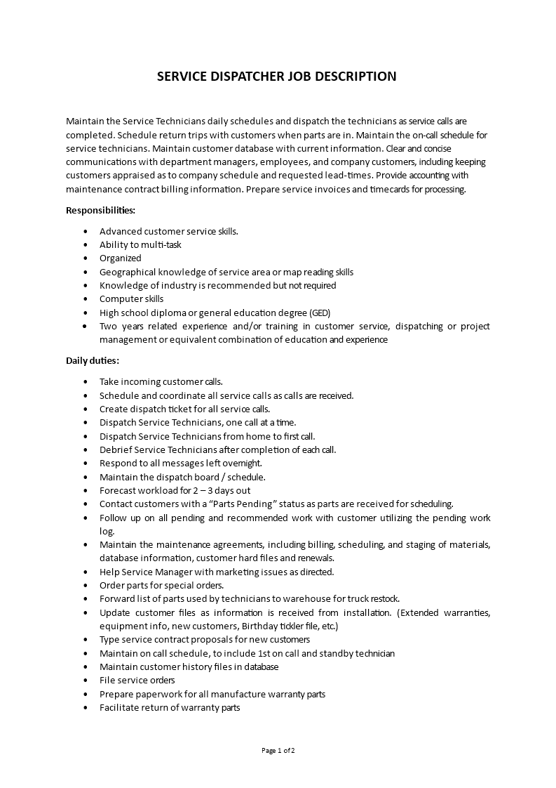 service dispatcher job description