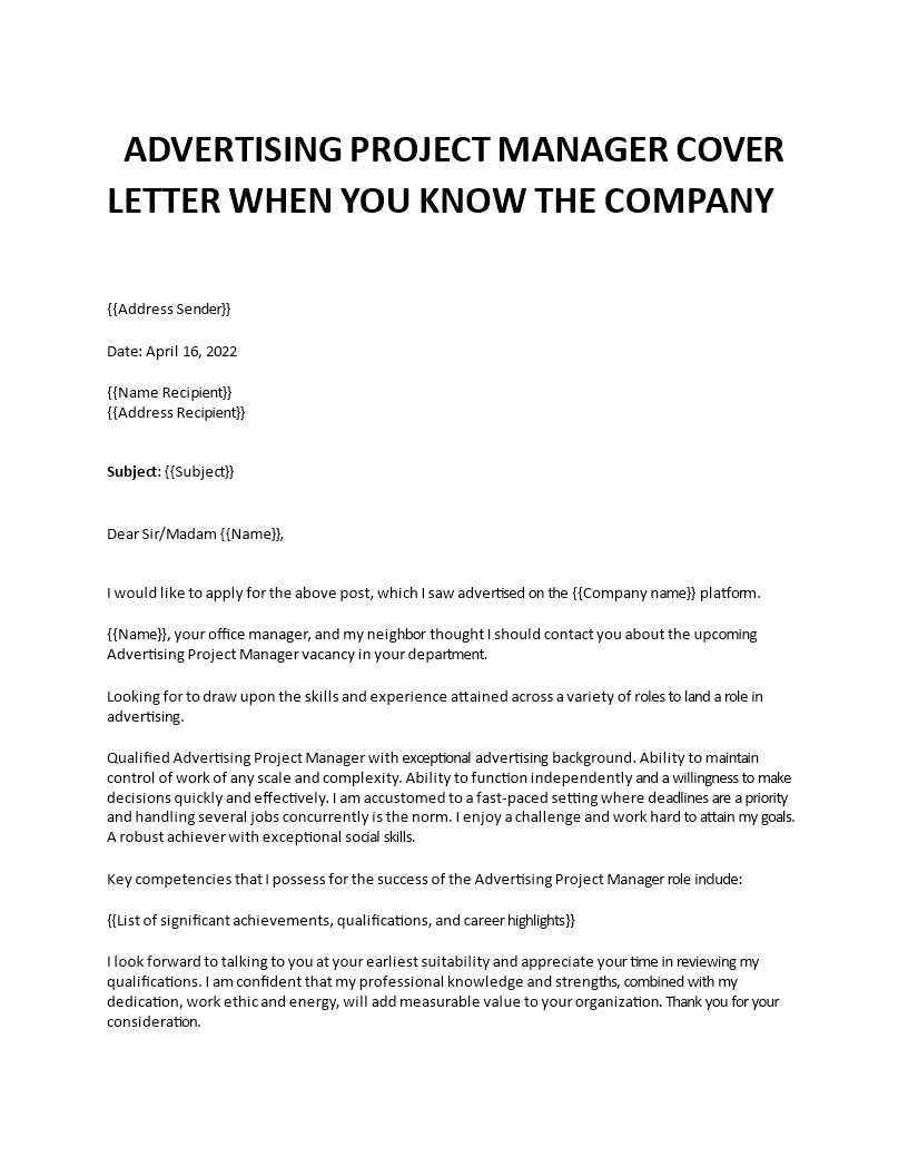 advertising manager application letter template