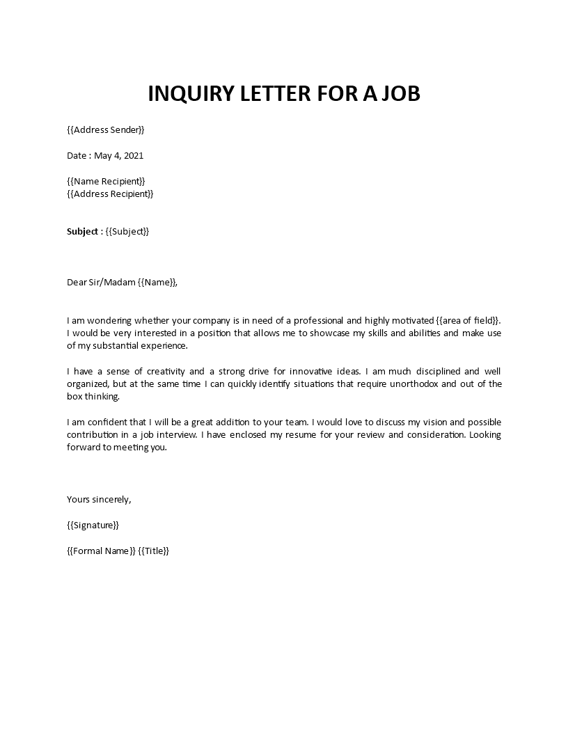 Sample email for job inquiry
