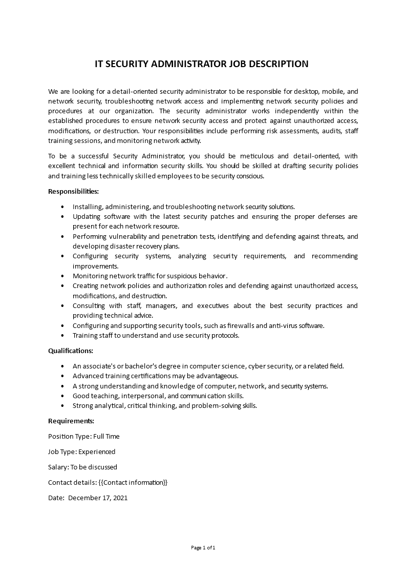 it security administrator job description Main Image it security administrator job description