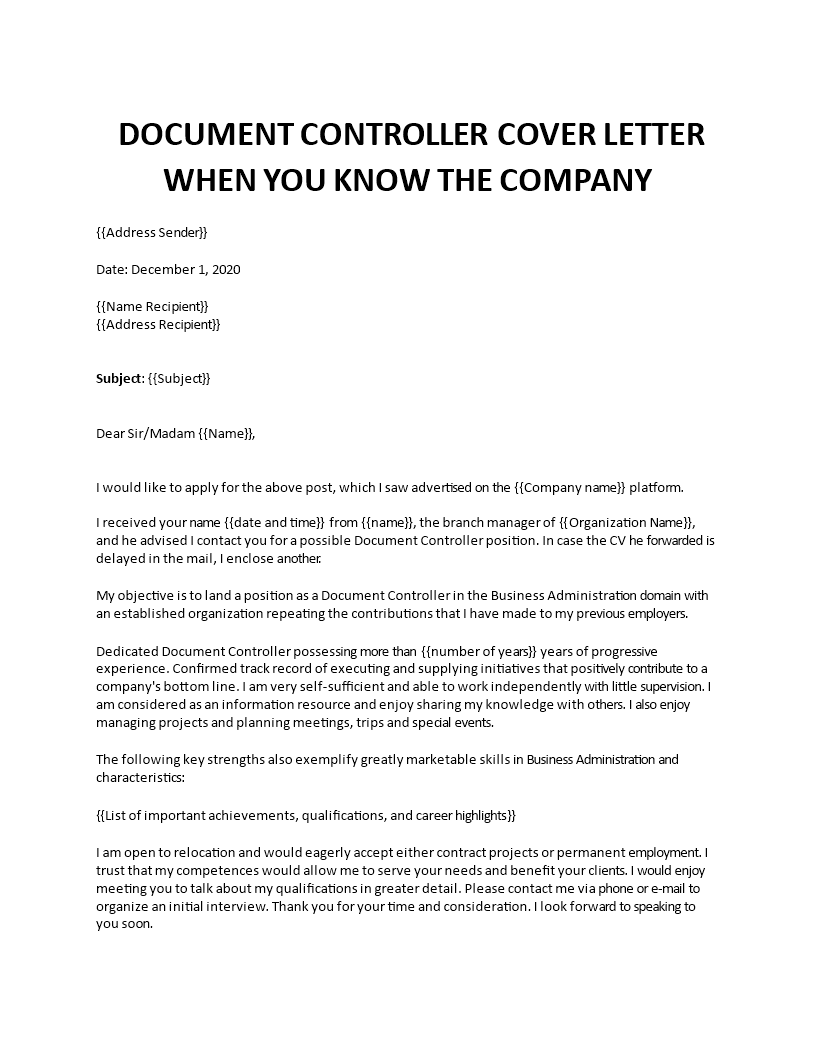 document controller cover letter