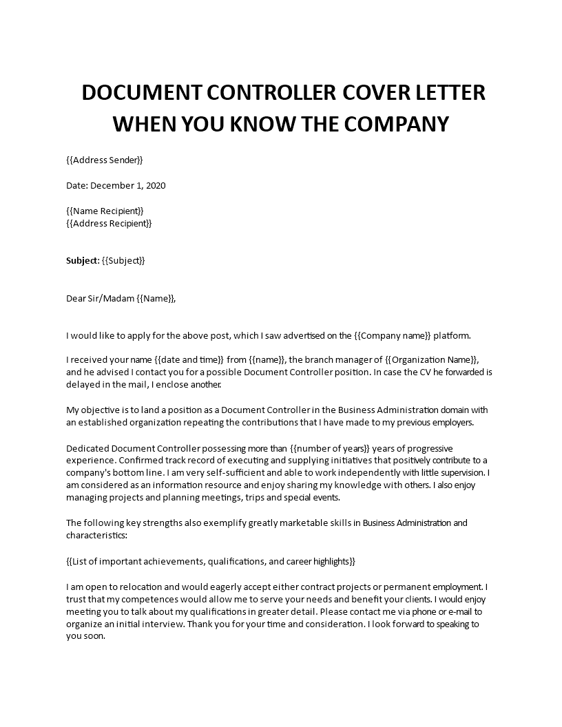 Document controller cover letter