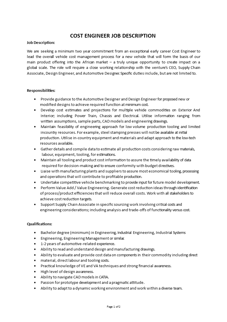 cost engineer job description Main Image cost engineer job description