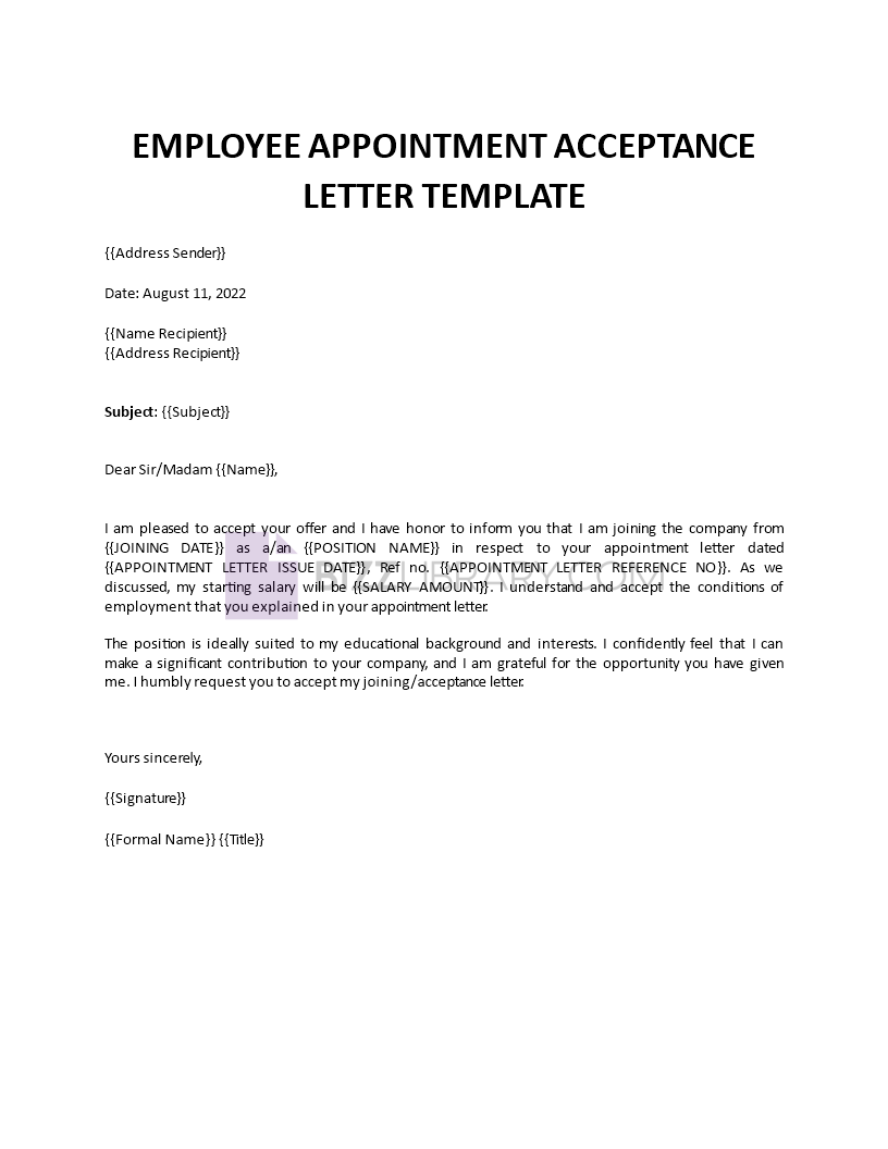 employee appointment acceptance letter template