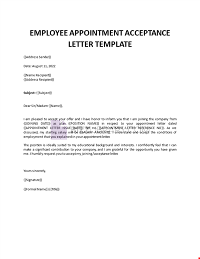 Employee Appointment Acceptance Letter